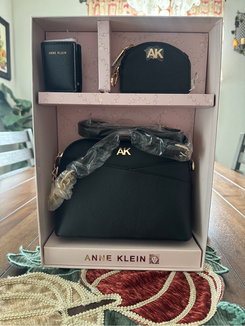 Anne Klein Black Pebbled Crossbody Set with Gold AK Logo
